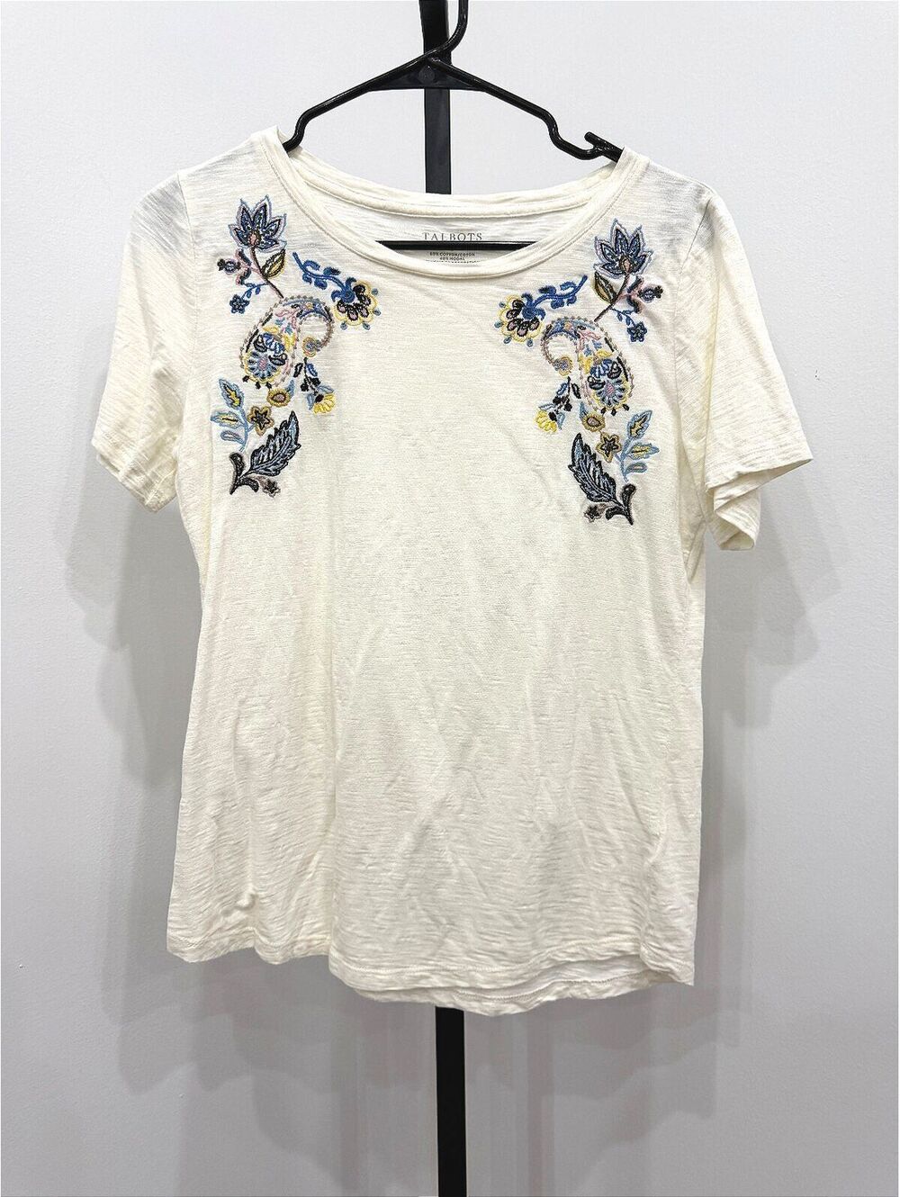 Talbots Women's Embroidered Cream Cotton Modal Short Sleeve Shirt Size S